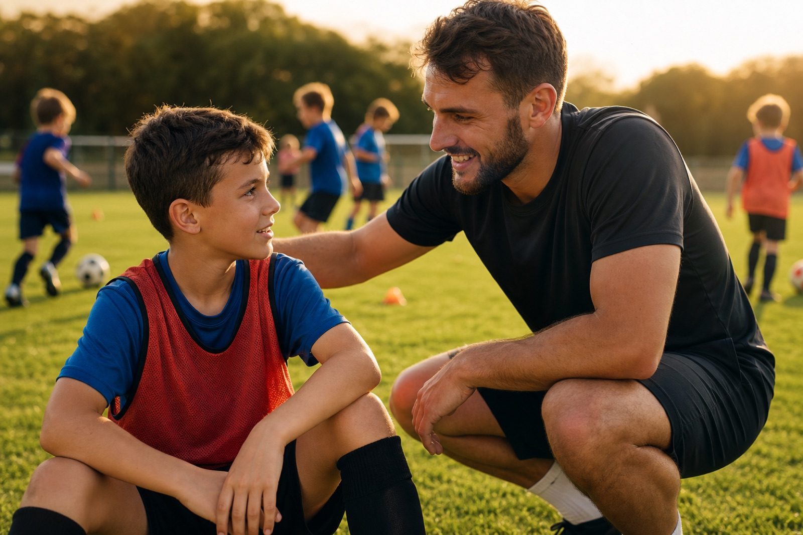 A coach mentoring a young academy player on the training pitch
